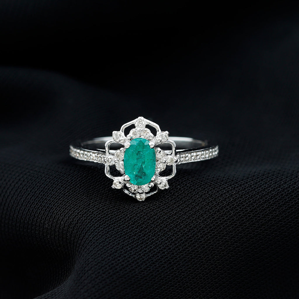 Emerald Engagement Ring - Vintage Oval Emerald Diamond Accent Prong Setting