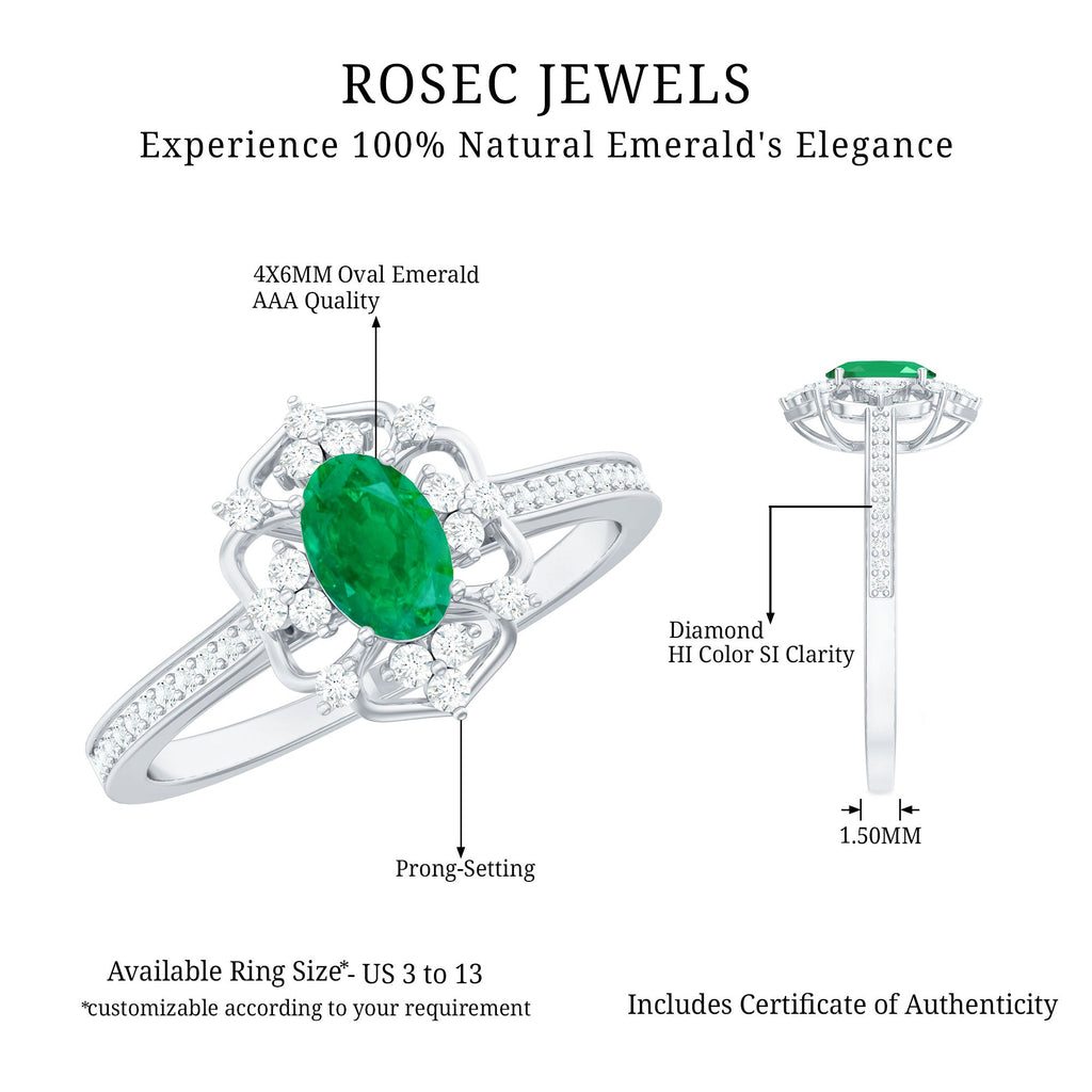 Emerald Engagement Ring - Vintage Oval Emerald Diamond Accent Prong Setting