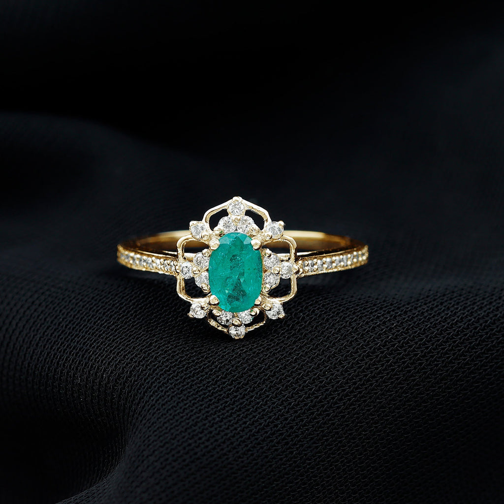 Emerald Engagement Ring - Vintage Oval Emerald Diamond Accent Prong Setting