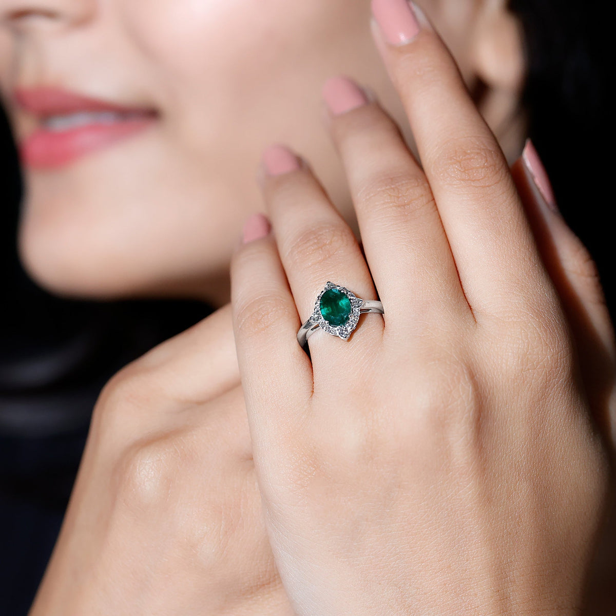 Emerald Engagement Ring – Vintage Oval Emerald Ring with Diamond Halo Jewelry