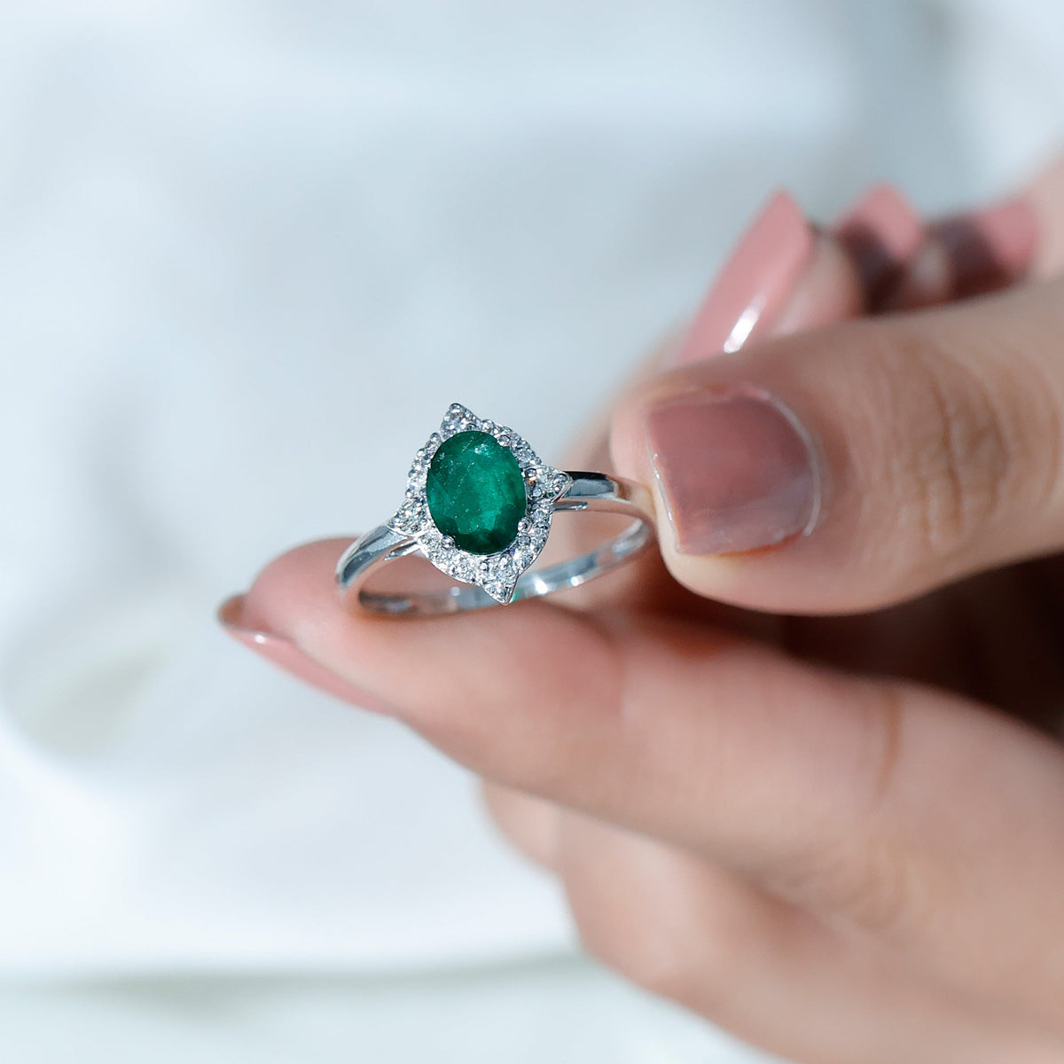 Emerald Engagement Ring – Vintage Oval Emerald Ring with Diamond Halo Jewelry
