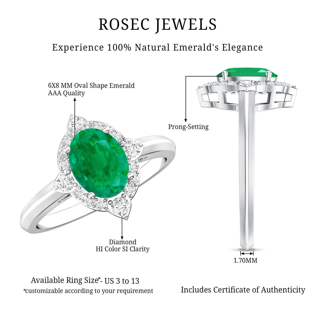 Emerald Engagement Ring – Vintage Oval Emerald Ring with Diamond Halo Jewelry