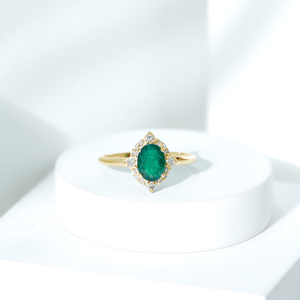 Emerald Engagement Ring – Vintage Oval Emerald Ring with Diamond Halo Jewelry