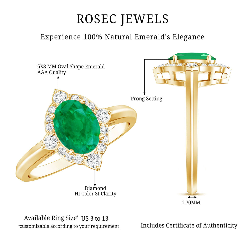Emerald Engagement Ring – Vintage Oval Emerald Ring with Diamond Halo Jewelry