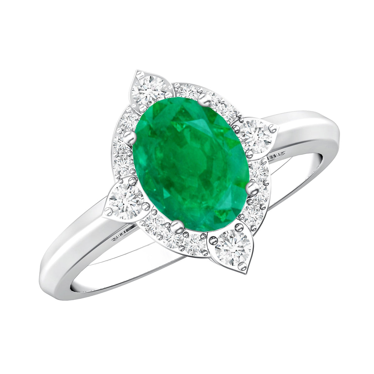 Emerald Engagement Ring – Vintage Oval Emerald Ring with Diamond Halo Jewelry