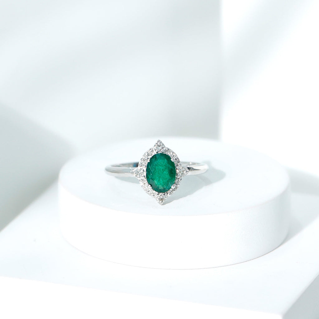 Emerald Engagement Ring – Vintage Oval Emerald Ring with Diamond Halo Jewelry