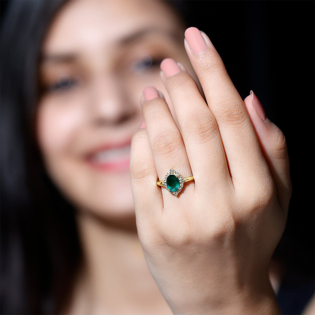 Emerald Engagement Ring – Vintage Oval Emerald Ring with Diamond Halo Jewelry