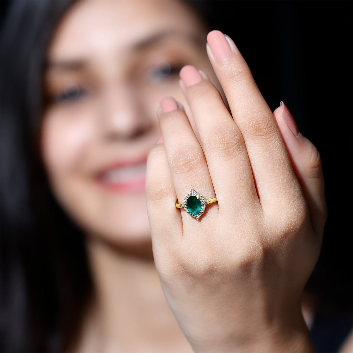 Emerald Engagement Ring – Vintage Oval Emerald Ring with Diamond Halo Jewelry