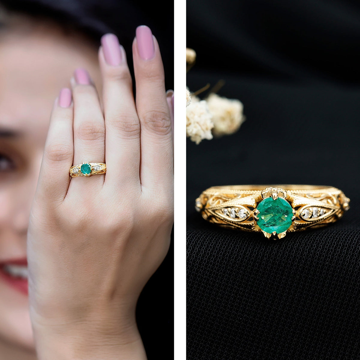 Emerald Engagement Ring – Vintage Solitaire Diamond Ring With Beaded Band