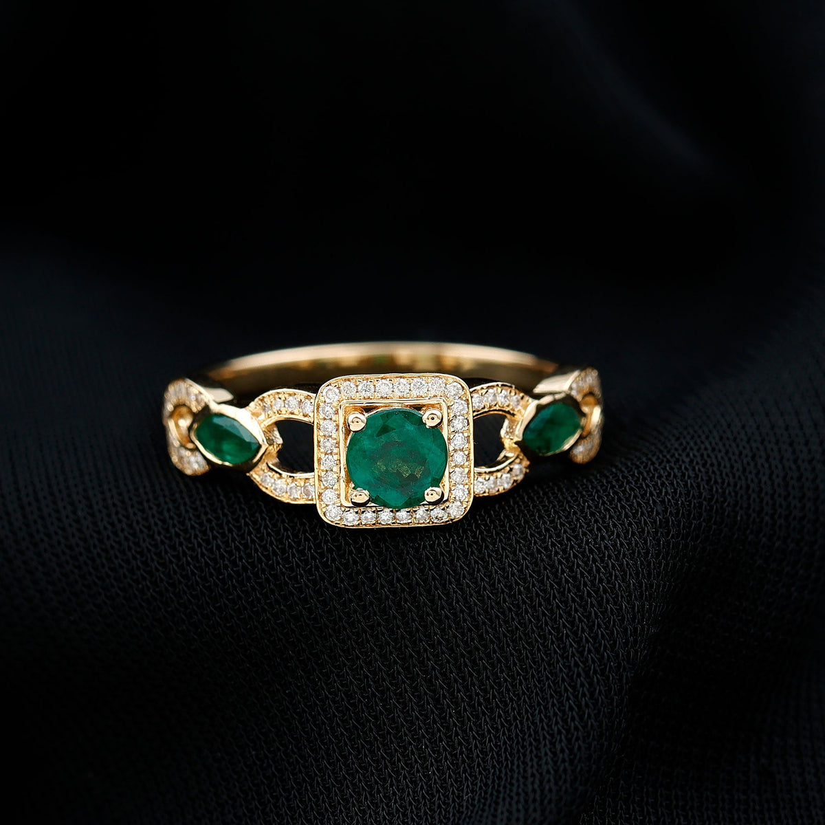 Emerald Engagement Ring – Vintage Style Diamond Halo Ring with Marquise Emerald