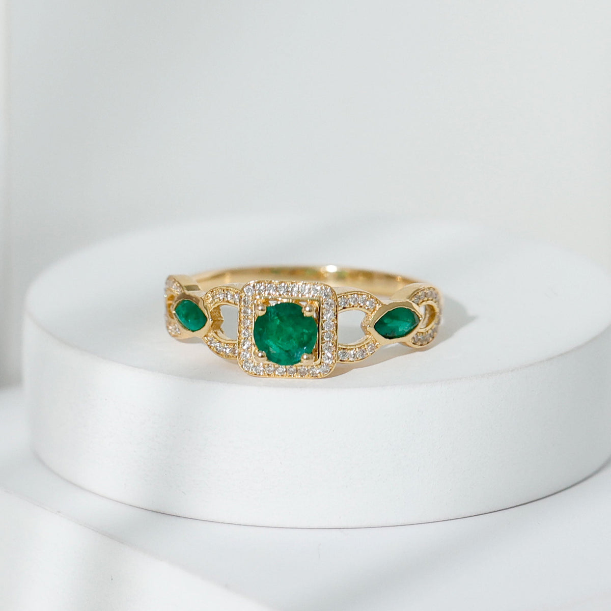 Emerald Engagement Ring – Vintage Style Diamond Halo Ring with Marquise Emerald