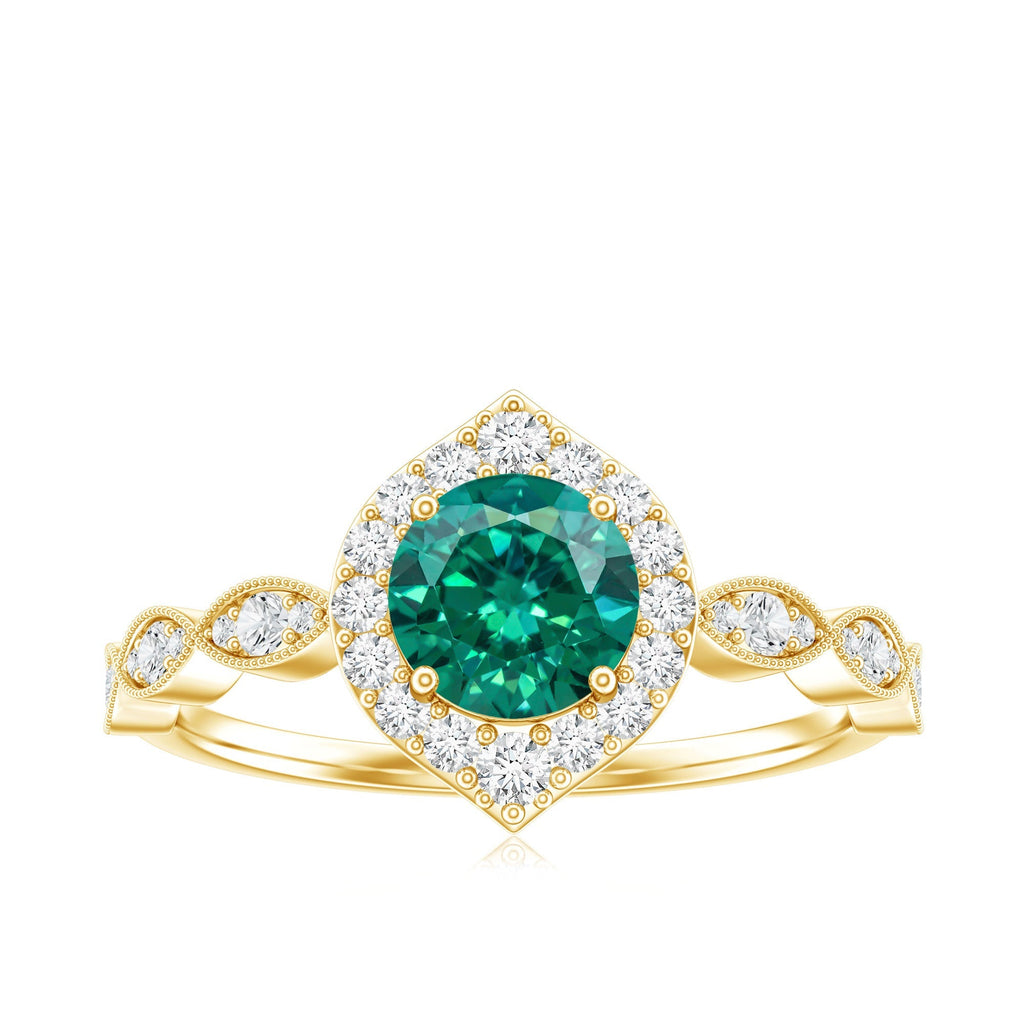 Emerald Engagement Ring - Vintage Style Halo Diamond Ring With Lab Grown Emerald