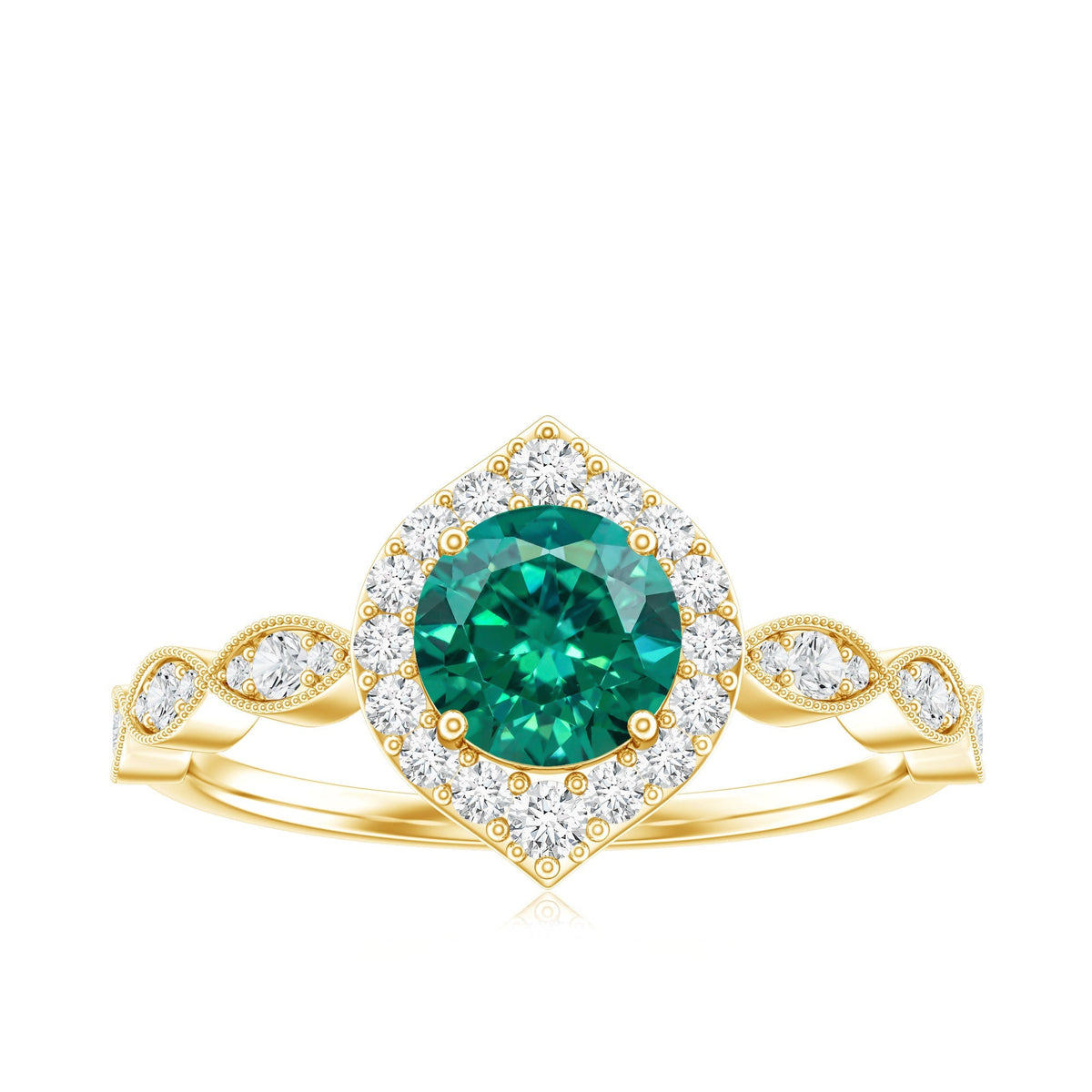Emerald Engagement Ring - Vintage Style Halo Diamond Ring With Lab Grown Emerald