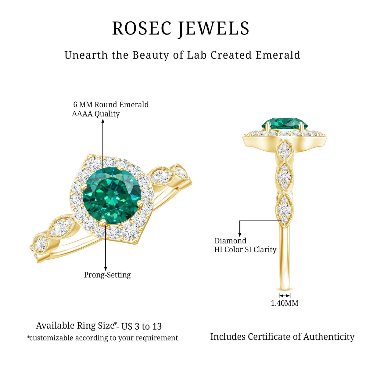 Emerald Engagement Ring - Vintage Style Halo Diamond Ring With Lab Grown Emerald