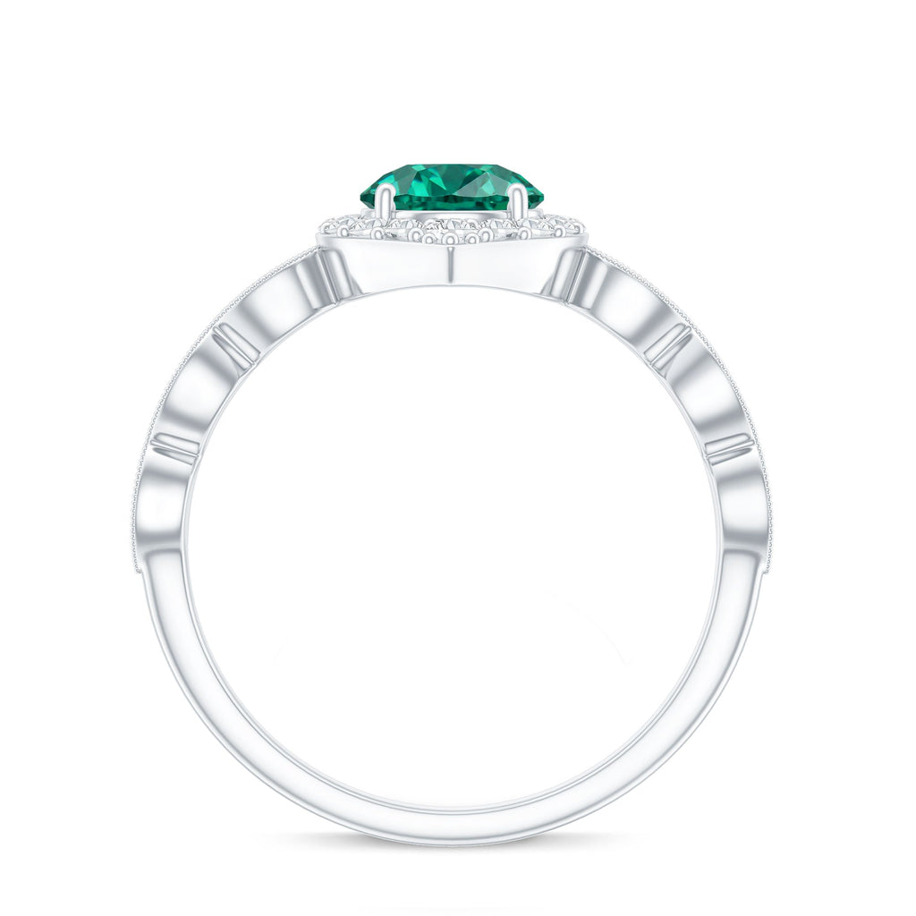 Emerald Engagement Ring - Vintage Style Halo Diamond Ring With Lab Grown Emerald