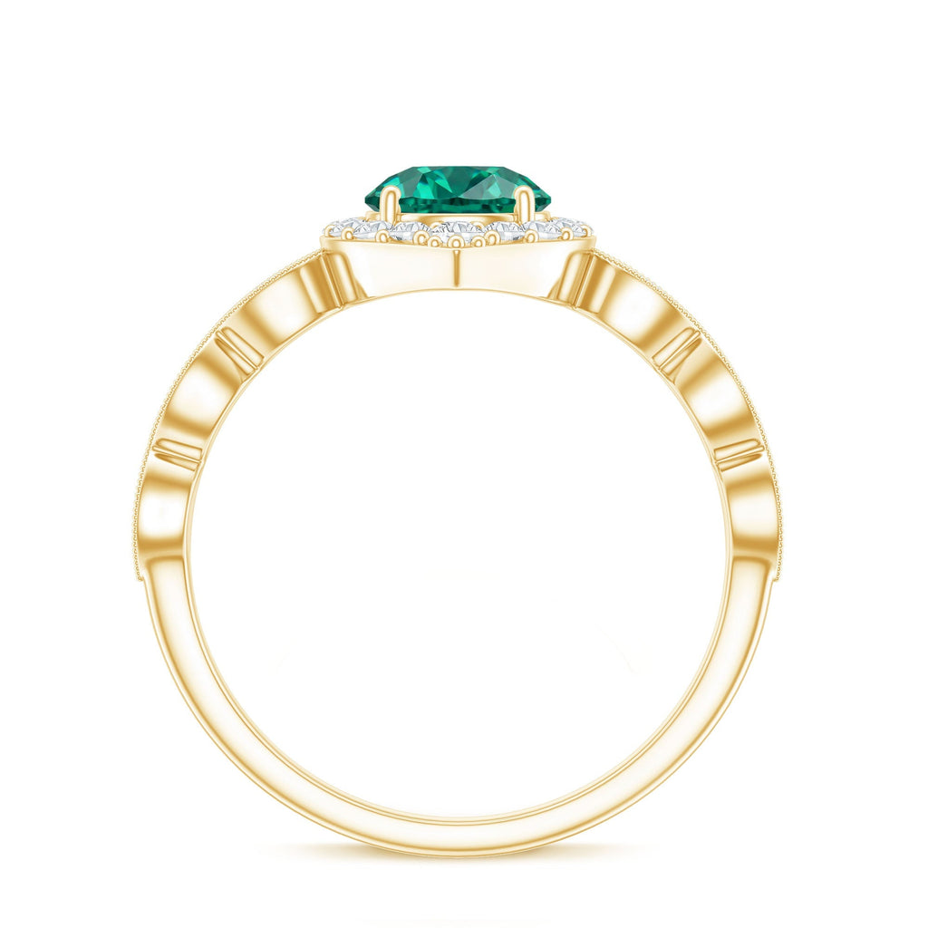 Emerald Engagement Ring - Vintage Style Halo Diamond Ring With Lab Grown Emerald