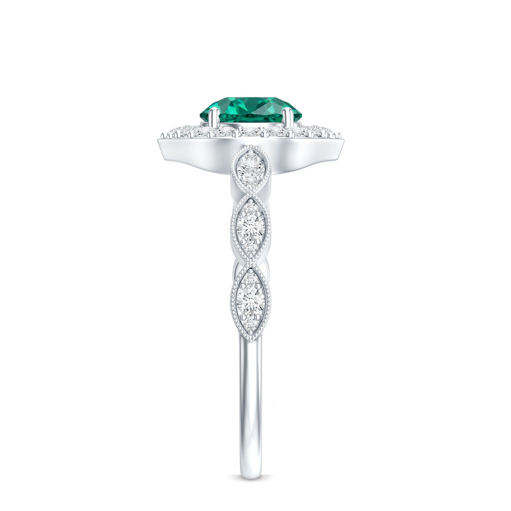 Emerald Engagement Ring - Vintage Style Halo Diamond Ring With Lab Grown Emerald