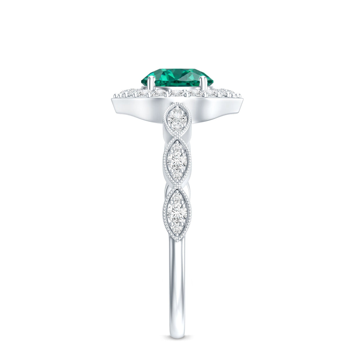 Emerald Engagement Ring - Vintage Style Halo Diamond Ring With Lab Grown Emerald