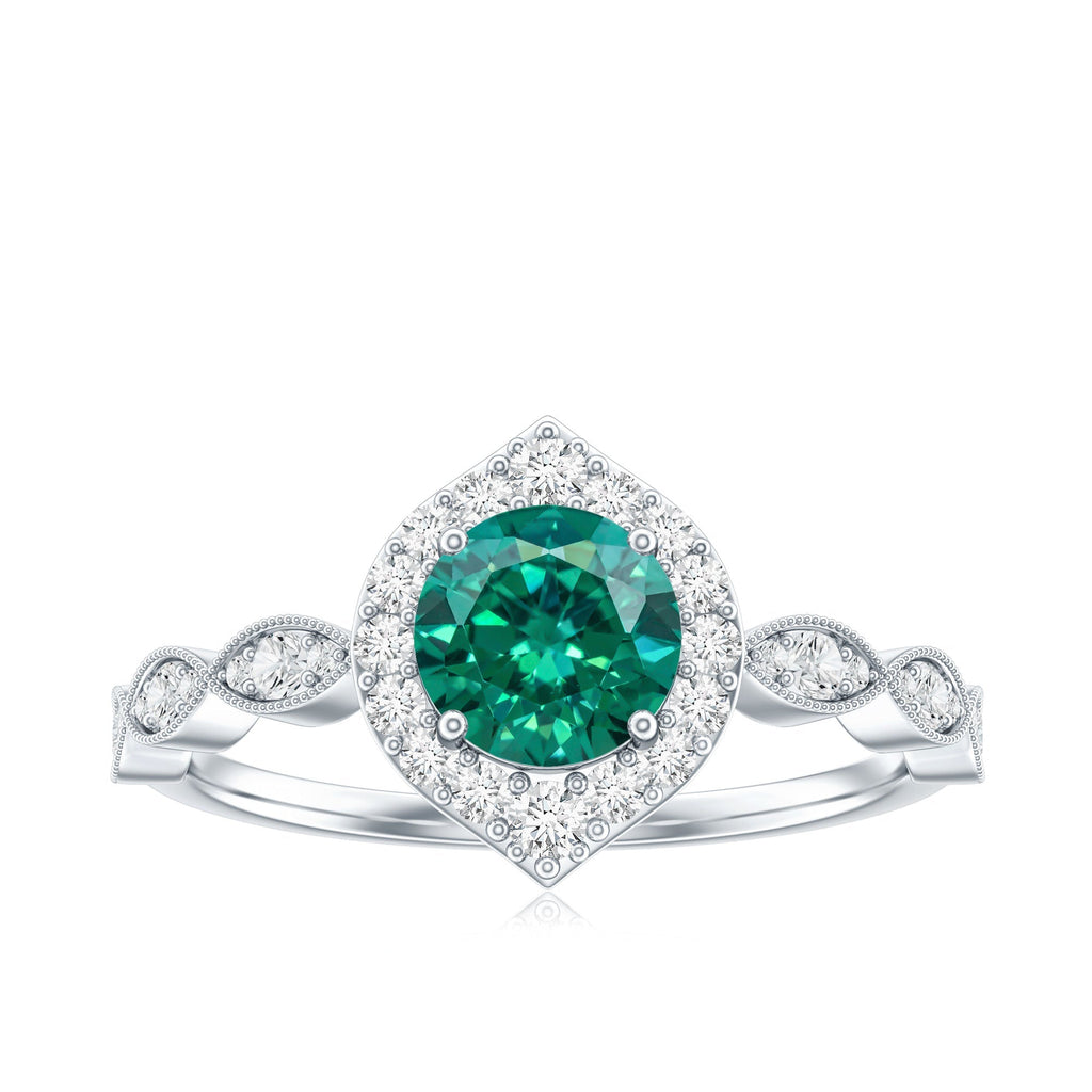 Emerald Engagement Ring - Vintage Style Halo Diamond Ring With Lab Grown Emerald