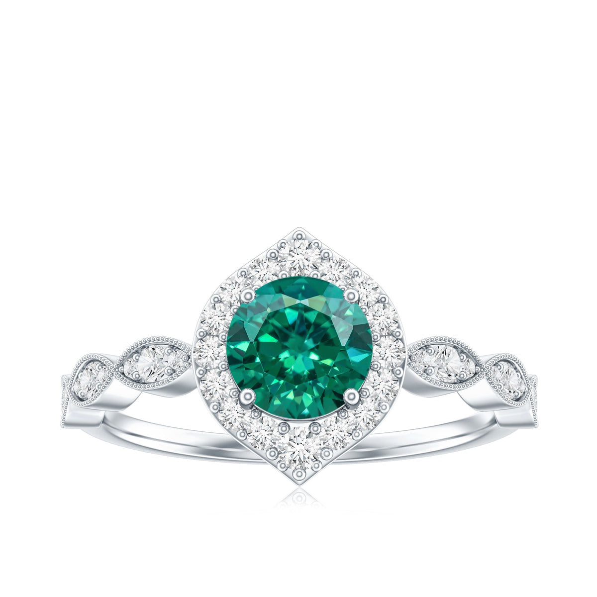 Emerald Engagement Ring - Vintage Style Halo Diamond Ring With Lab Grown Emerald