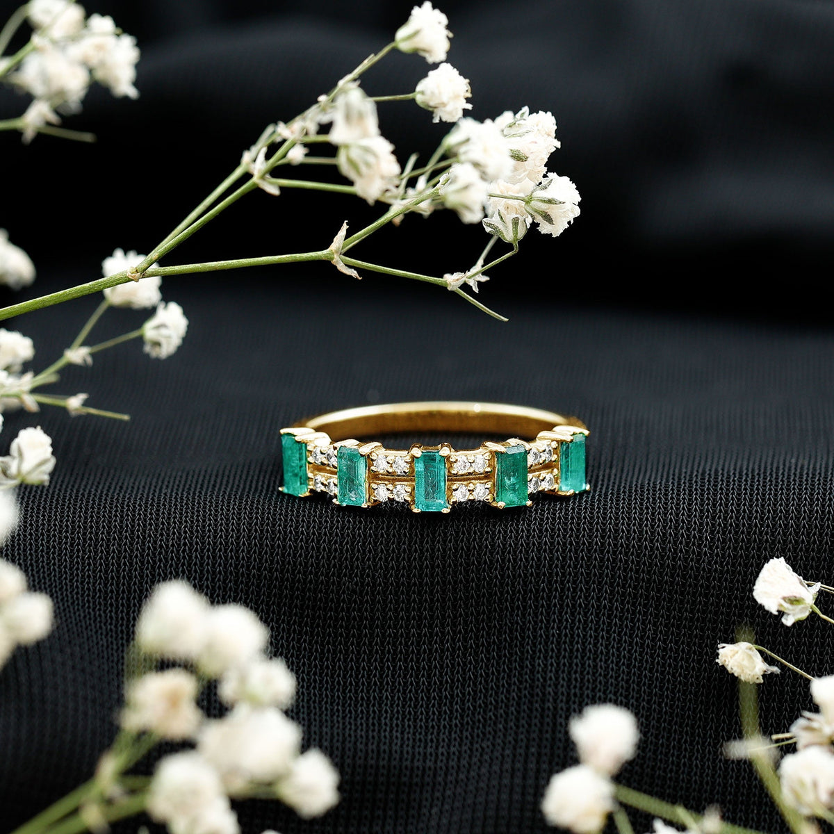Emerald Eternity Band – Half Eternity Band with Baguette Cut Emeralds & Diamonds