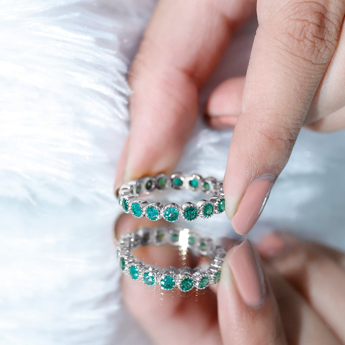 Emerald Eternity Band – Milgrain Bezel Setting with Round AAA Quality Emeralds