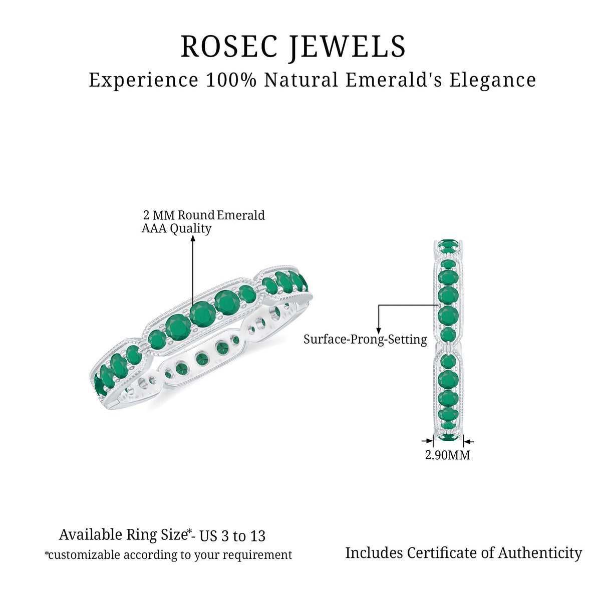 Emerald Eternity Band – Natural Emerald Wedding Ring With Milgrain Detail