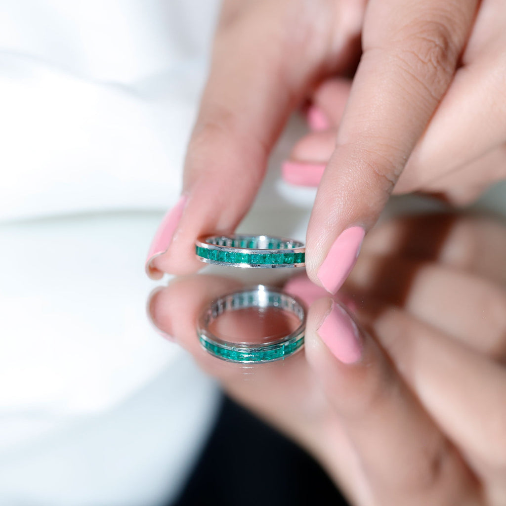 Emerald Eternity Band – Princess Cut Channel Set Ring With Structured Design