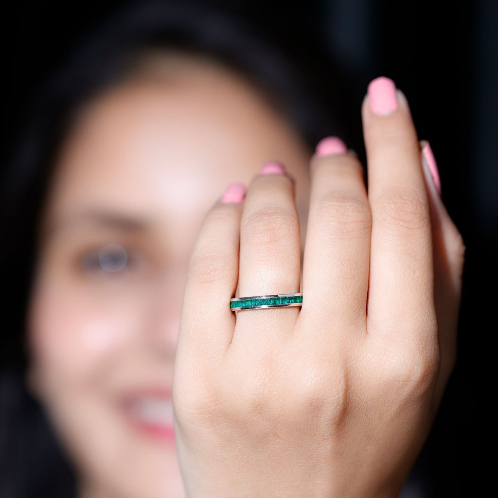 Emerald Eternity Band – Princess Cut Channel Set Ring With Structured Design