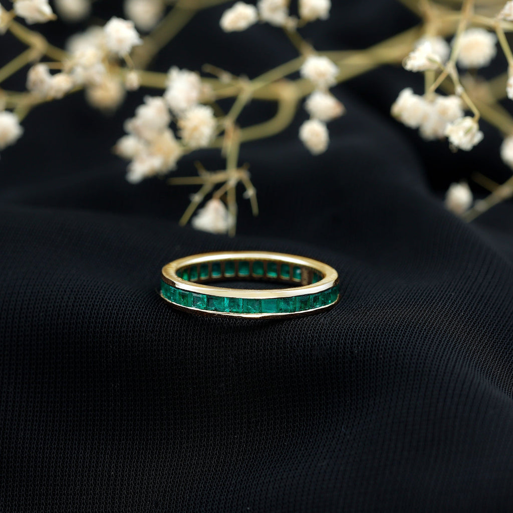 Emerald Eternity Band – Princess Cut Channel Set Ring With Structured Design