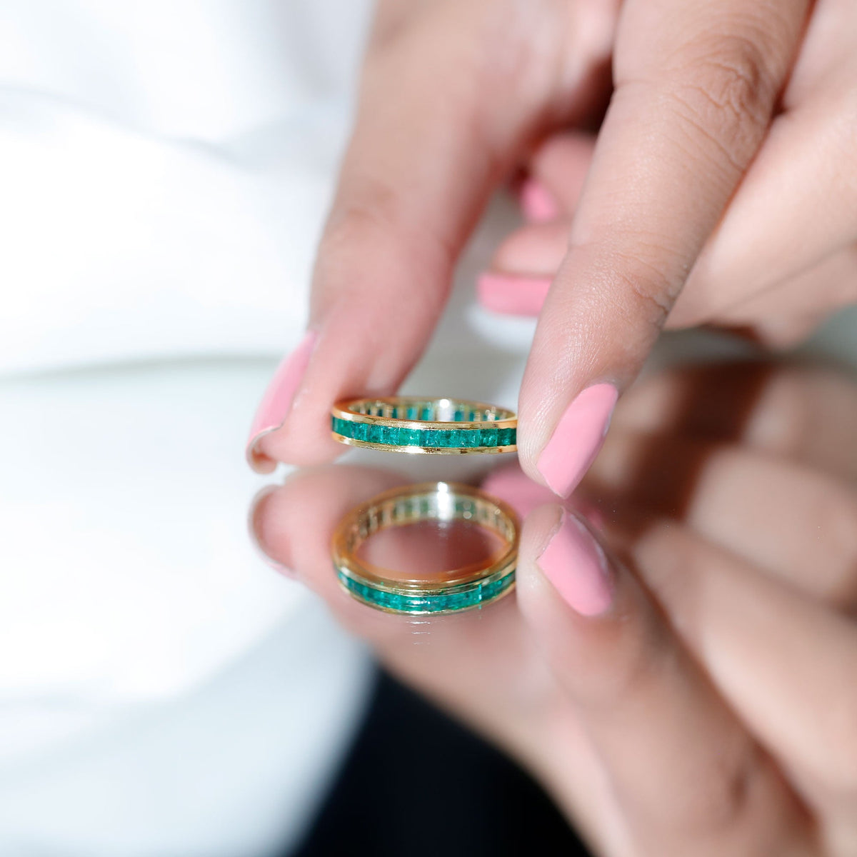 Emerald Eternity Band – Princess Cut Channel Set Ring With Structured Design