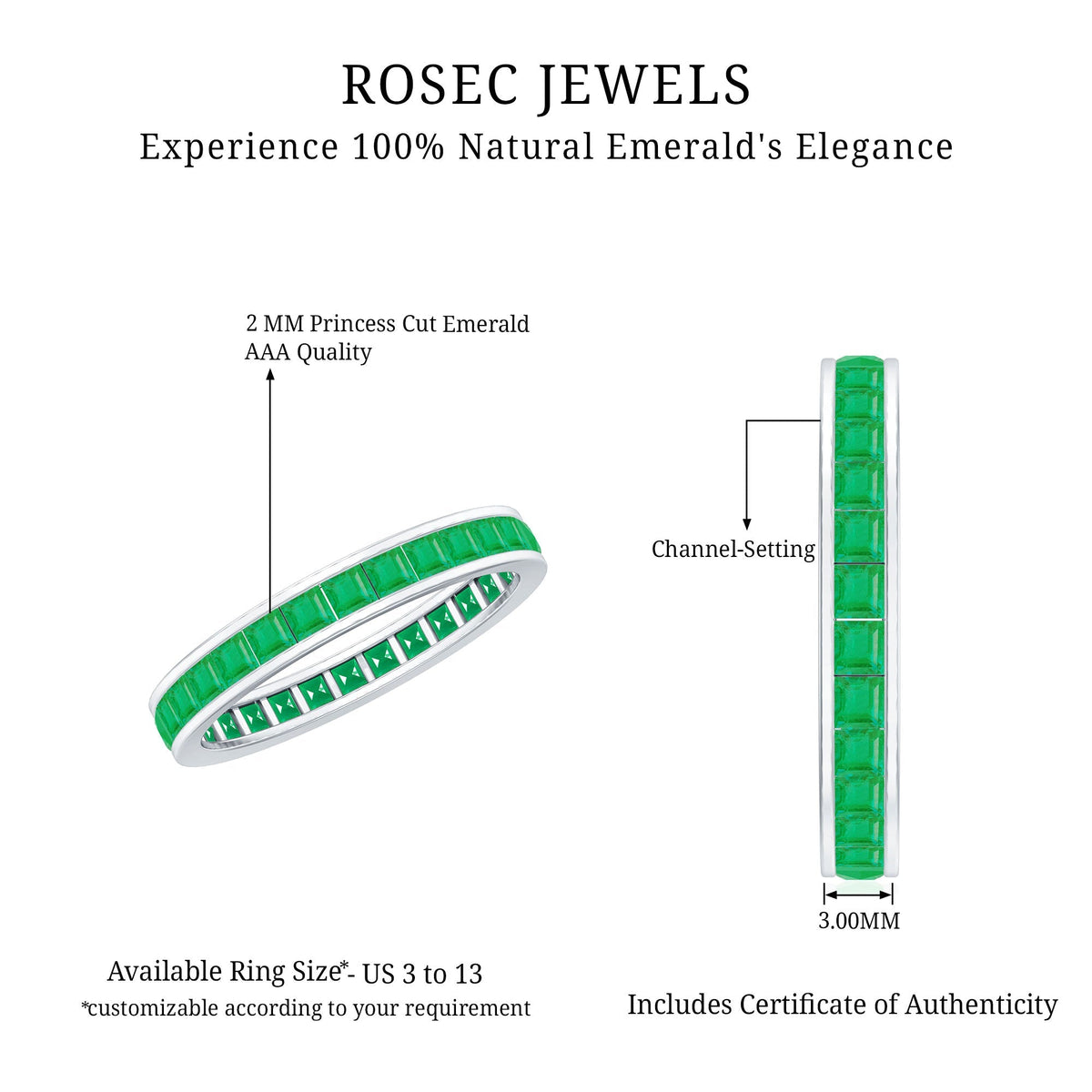 Emerald Eternity Band – Princess Cut Channel Set Ring With Structured Design