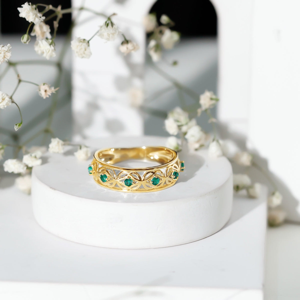 Emerald Eternity Band - Vintage Inspired Half Eternity Ring With Lab Created Emeralds