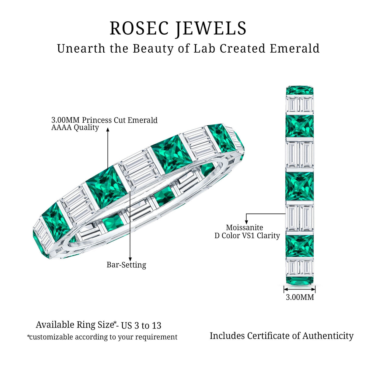 Emerald Eternity Band With Princess Cut Emerald & Baguette Moissanite | Timeless Stackable Ring