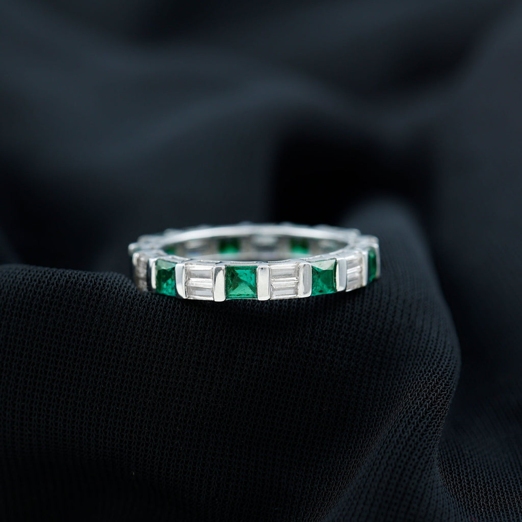 Emerald Eternity Band With Princess Cut Emerald & Baguette Moissanite | Timeless Stackable Ring