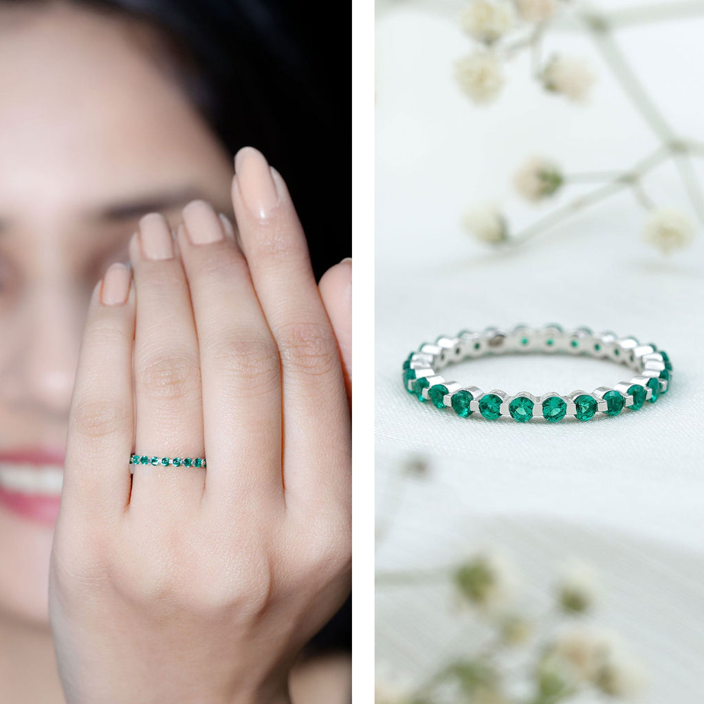 Emerald Eternity Band – Women's Floating Emerald Band with Round Cut AAA Grade Stones