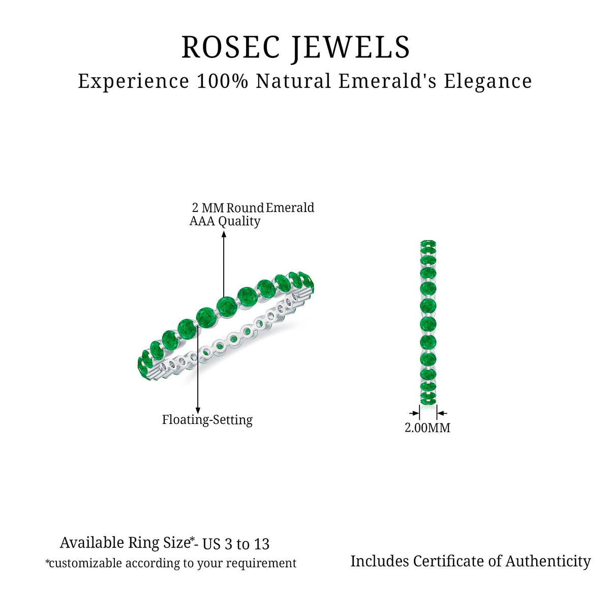 Emerald Eternity Band – Women's Floating Emerald Band with Round Cut AAA Grade Stones