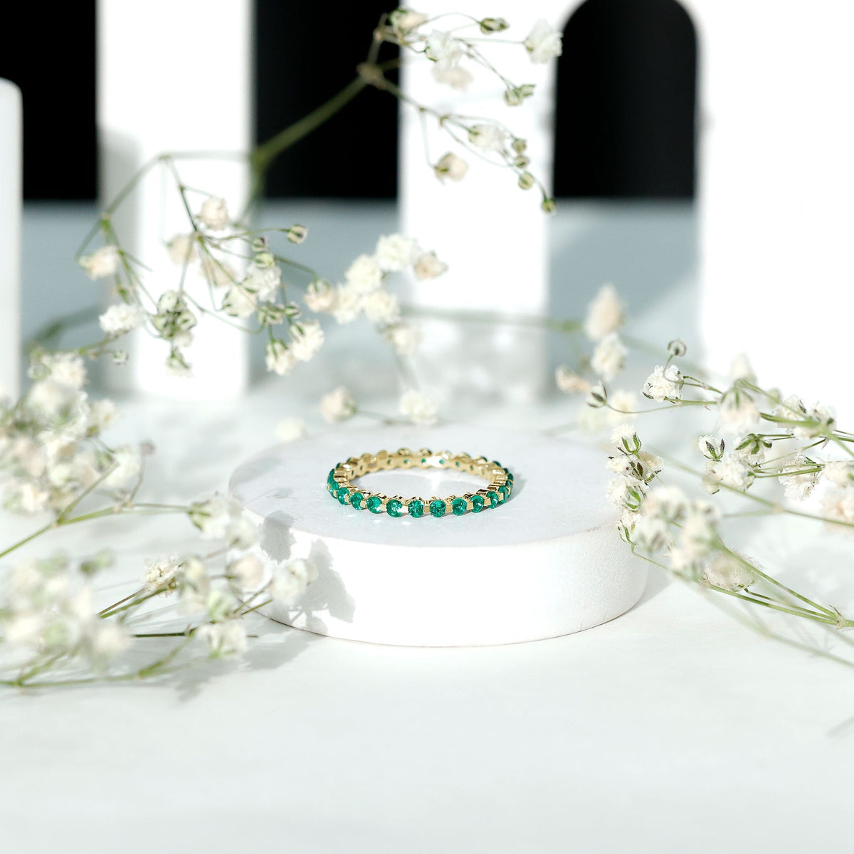 Emerald Eternity Band – Women's Floating Emerald Band with Round Cut AAA Grade Stones
