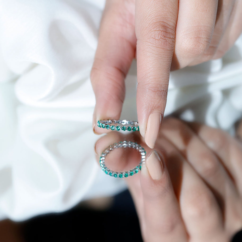 Emerald Eternity Band – Women's Floating Emerald Band with Round Cut AAA Grade Stones