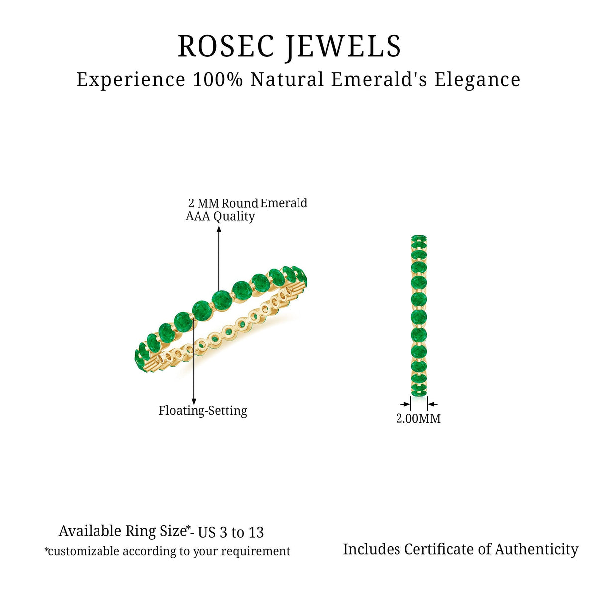 Emerald Eternity Band – Women's Floating Emerald Band with Round Cut AAA Grade Stones