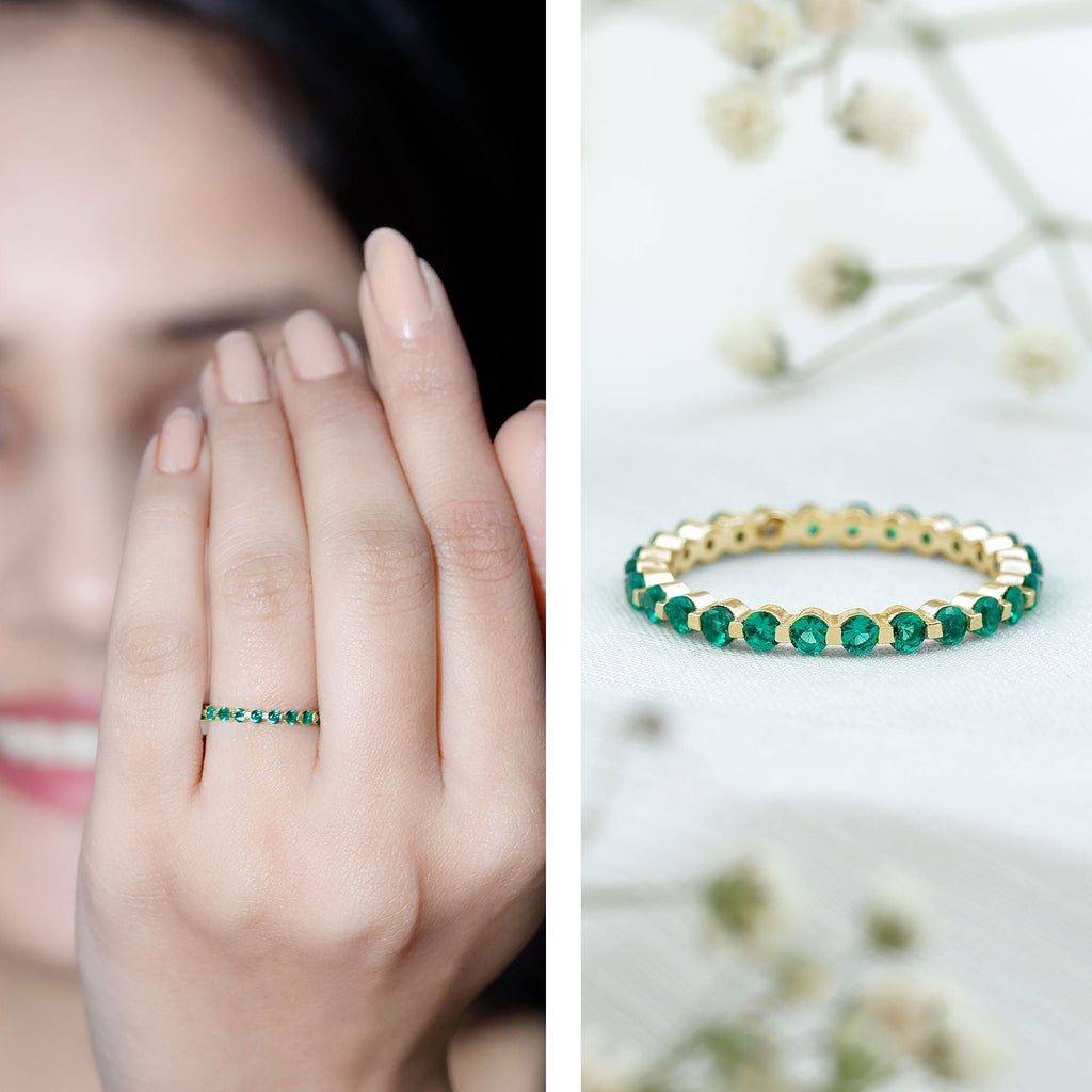 Emerald Eternity Band – Women's Floating Emerald Band with Round Cut AAA Grade Stones