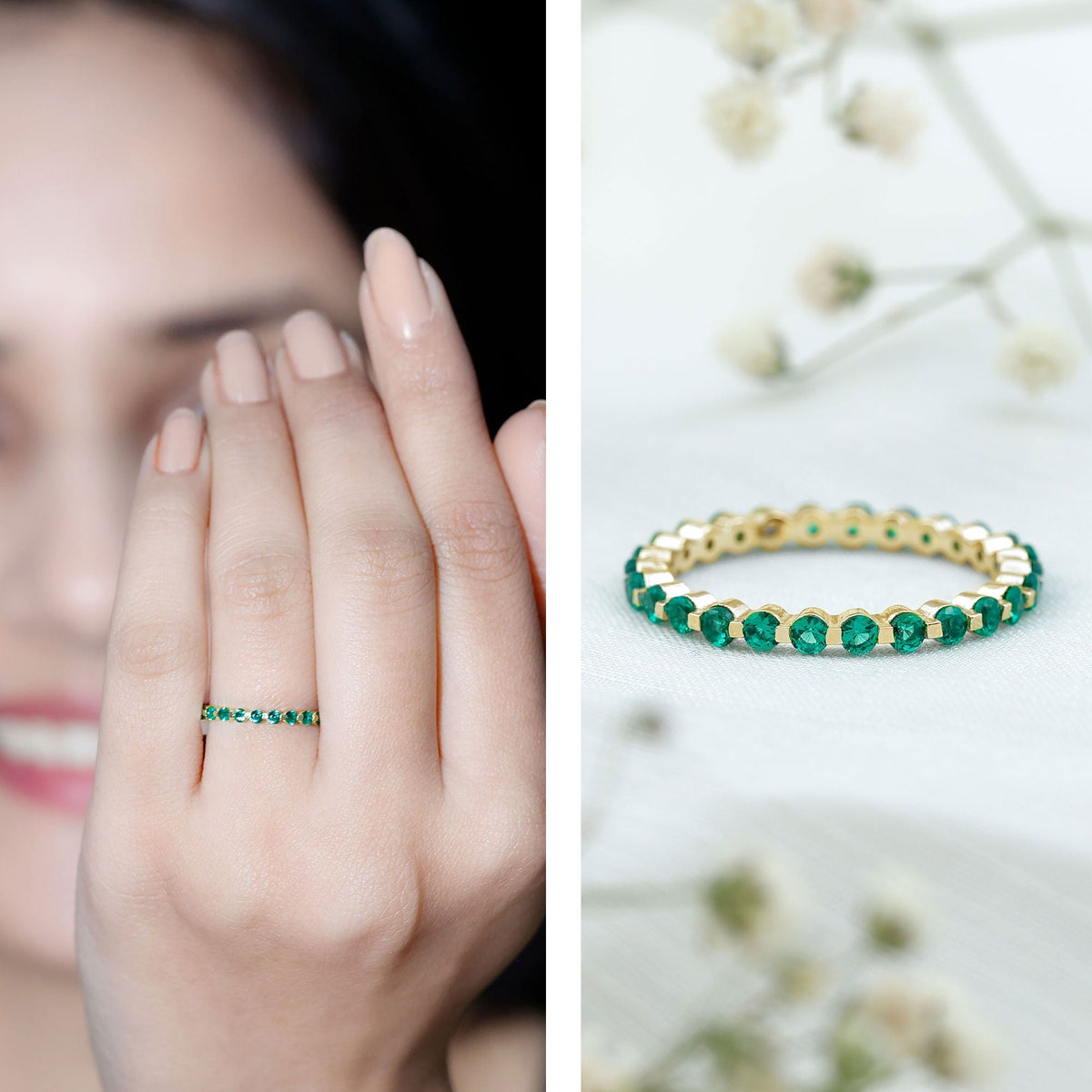 Emerald Eternity Band – Women's Floating Emerald Band with Round Cut AAA Grade Stones