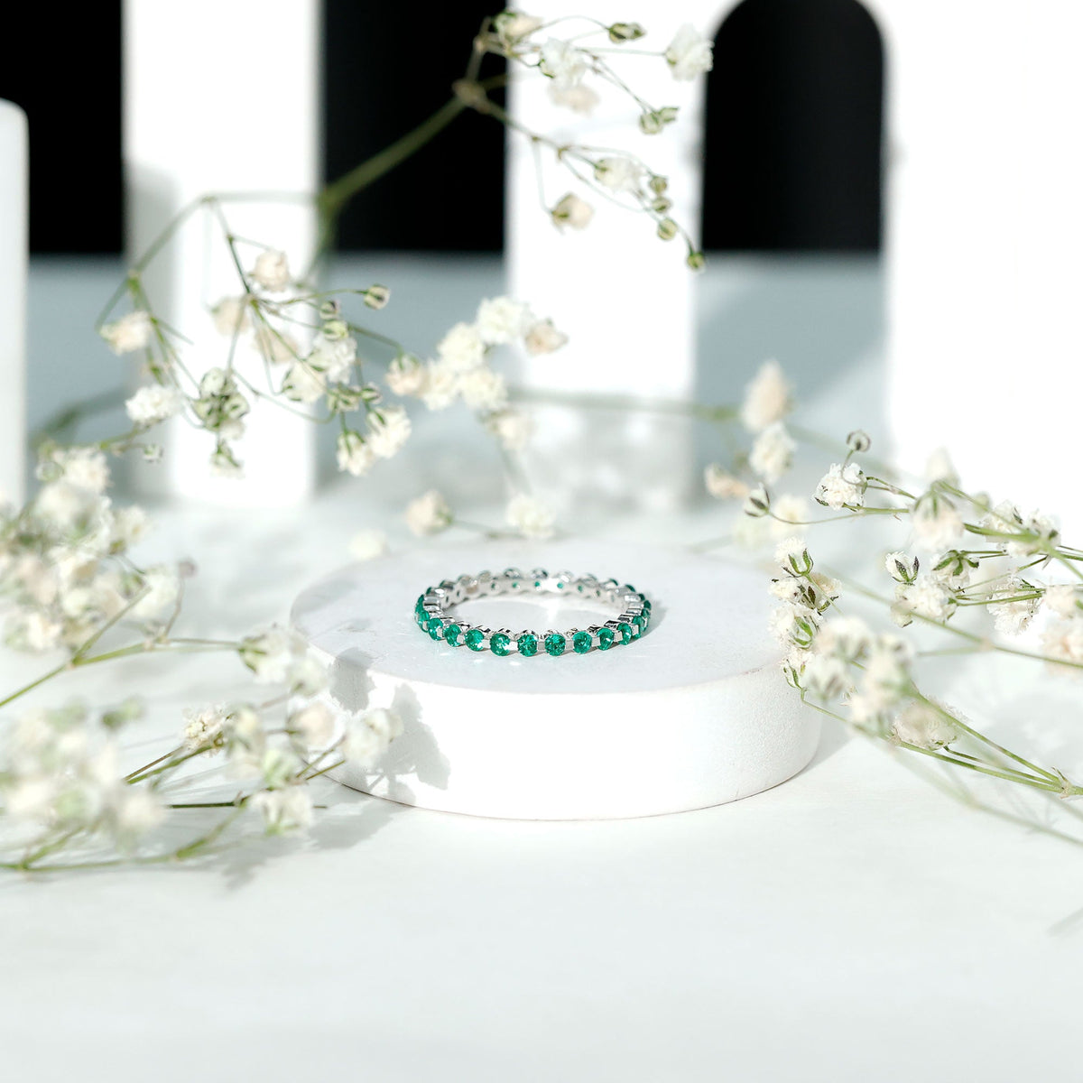 Emerald Eternity Band – Women's Floating Emerald Band with Round Cut AAA Grade Stones