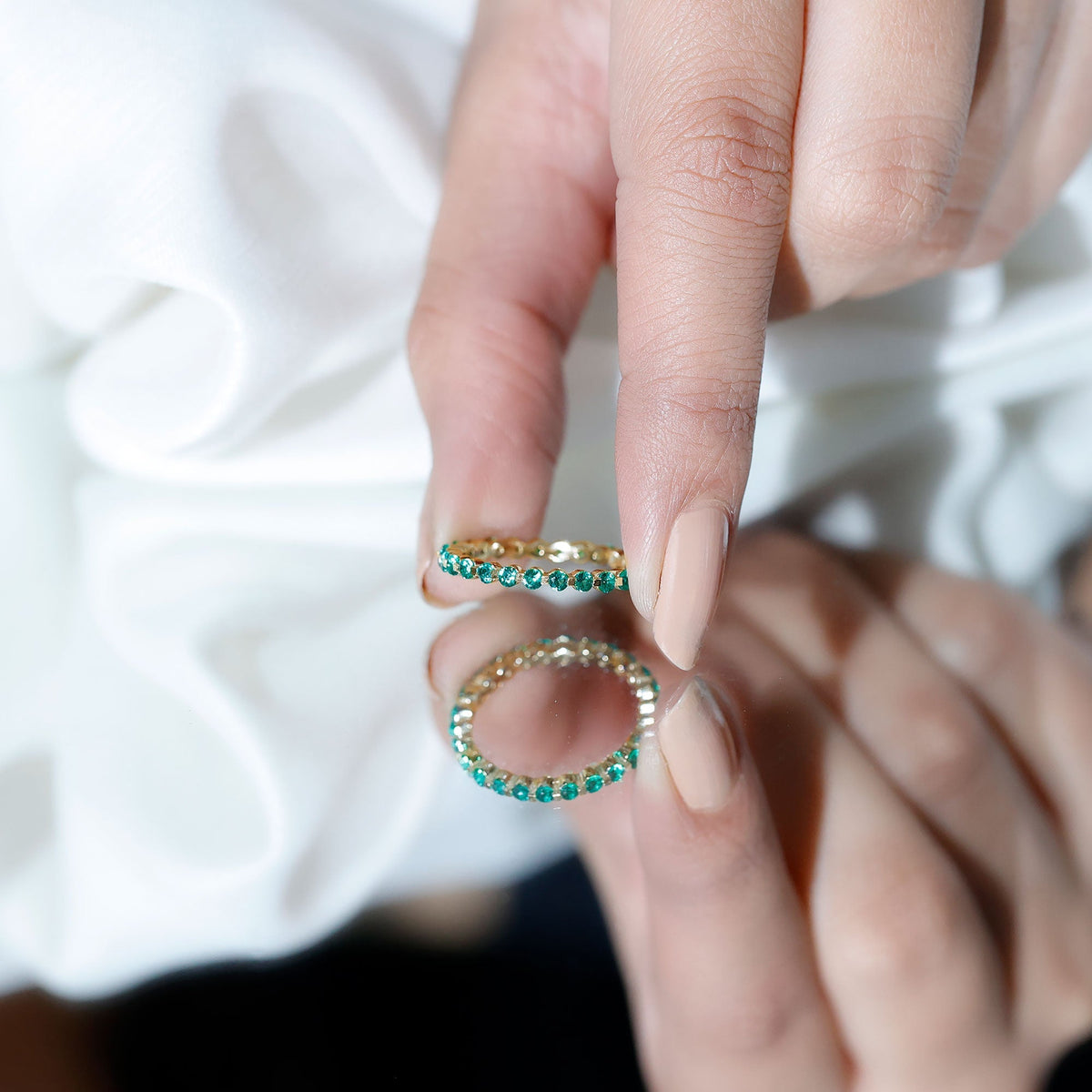 Emerald Eternity Band – Women's Floating Emerald Band with Round Cut AAA Grade Stones