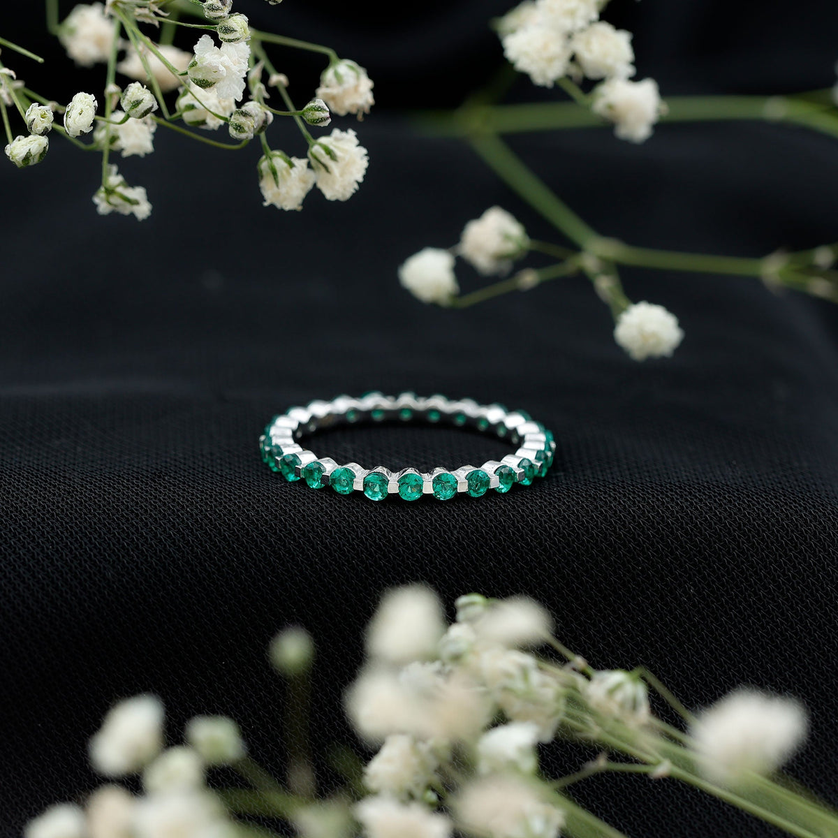 Emerald Eternity Band – Women's Floating Emerald Band with Round Cut AAA Grade Stones
