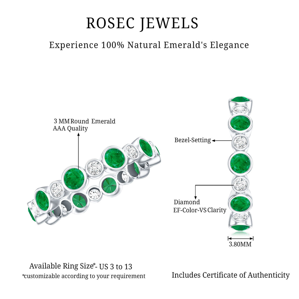Emerald Eternity Ring – Bezel Setting Full Eternity Band with Round Cut Diamonds