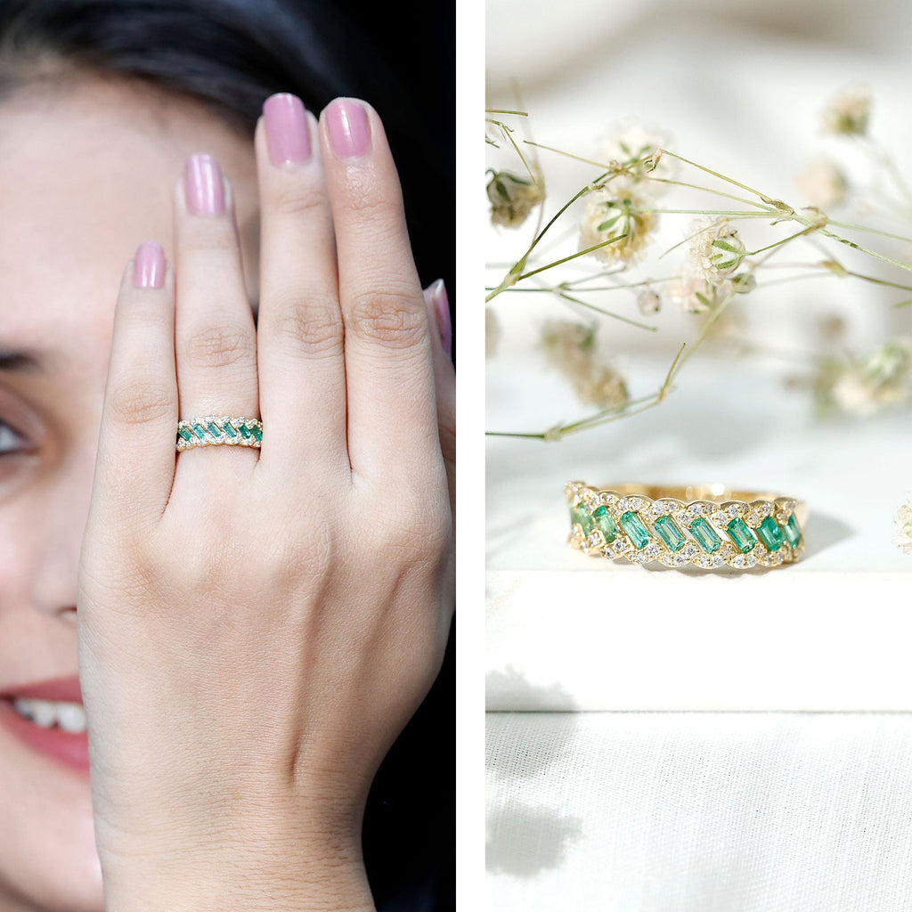 Emerald Eternity Ring – Diamond Braided Half Eternity Band With Baguette Emerald