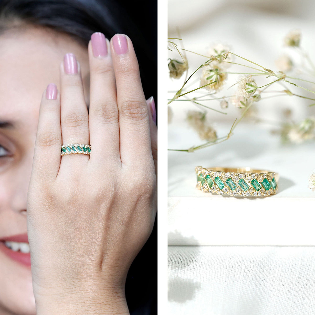 Emerald Eternity Ring – Diamond Braided Half Eternity Band With Baguette Emerald