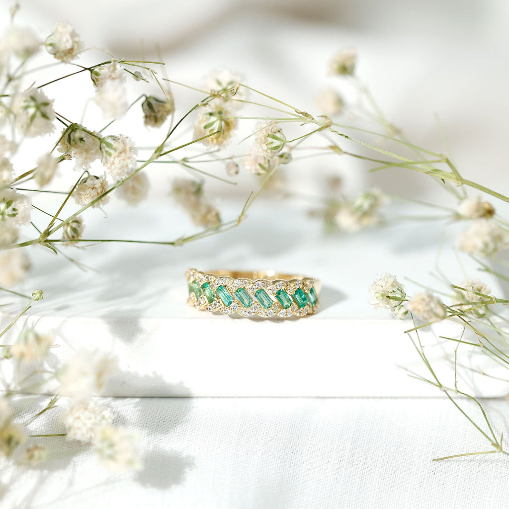 Emerald Eternity Ring – Diamond Braided Half Eternity Band With Baguette Emerald