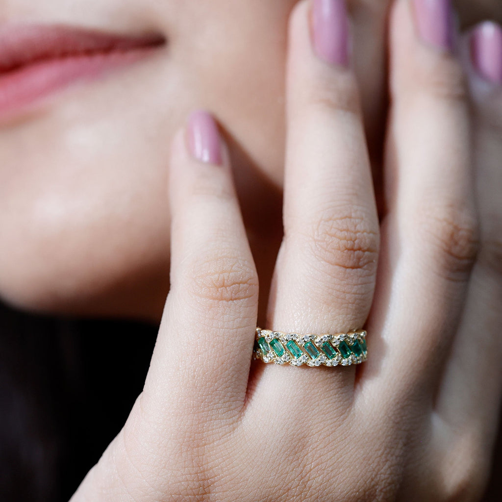 Emerald Eternity Ring – Diamond Braided Half Eternity Band With Baguette Emerald